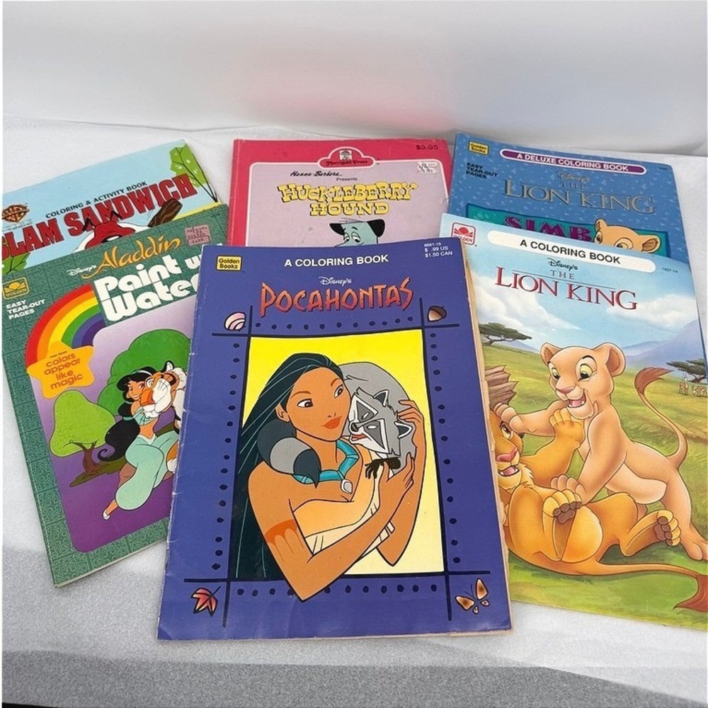 Vintage Coloring Activity Book LOT 90s Kids OS Aladdin Lion King Huckleberry